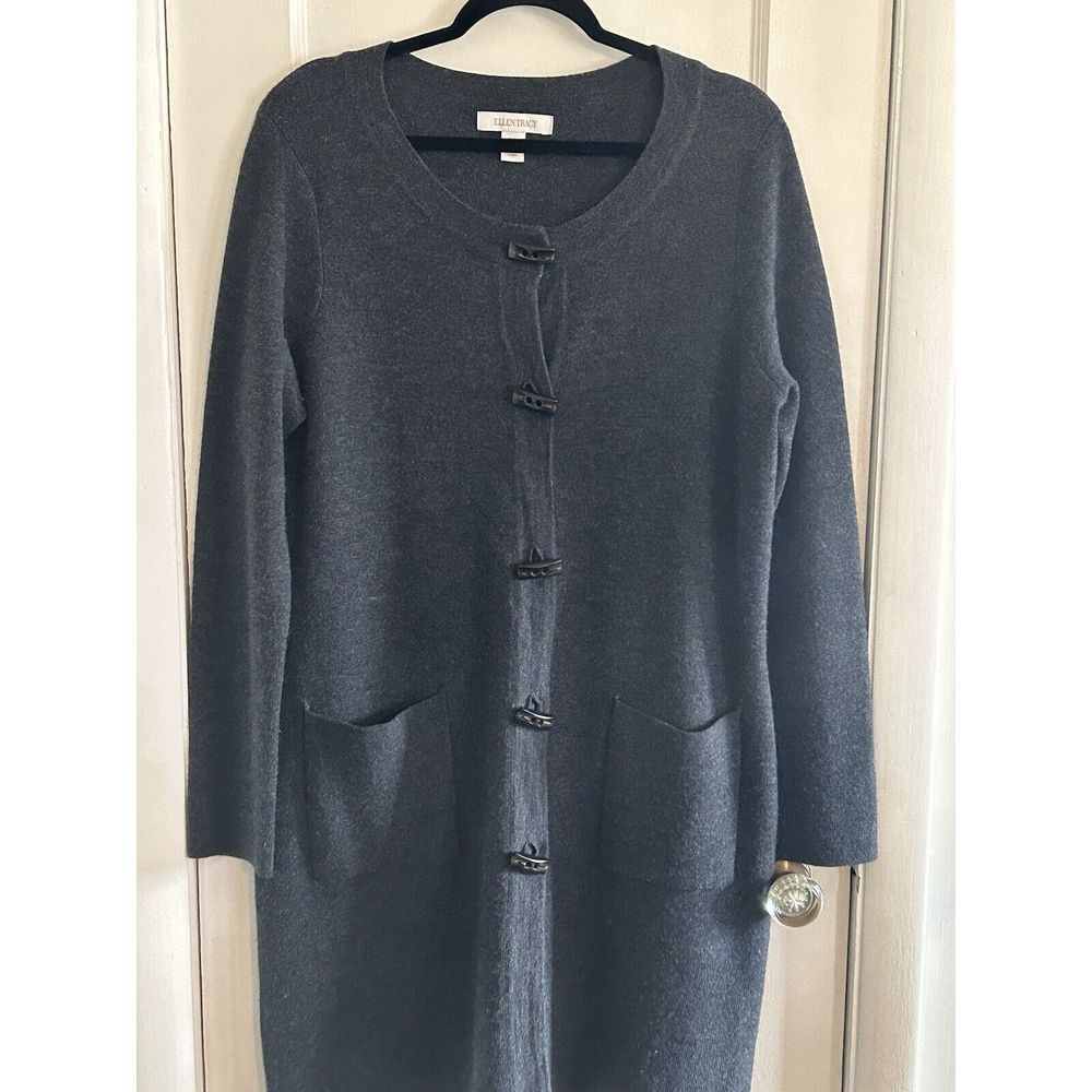 Ellen Tracy Dark Gray Long Knit Cardigan with Toggle Closures